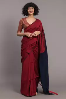 Suta Red & Navy Blue colorblocked Cotton Blend Saree