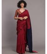 Suta Red & Navy Blue colorblocked Cotton Blend Saree