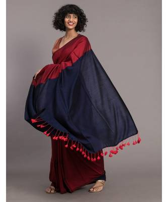 Suta Red & Navy Blue colorblocked Cotton Blend Saree 2