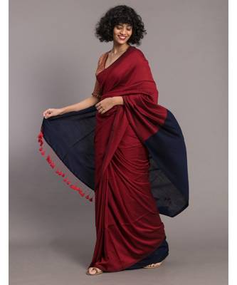 Suta Red & Navy Blue colorblocked Cotton Blend Saree 3