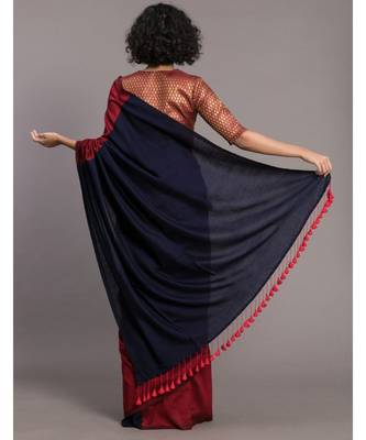 Suta Red & Navy Blue colorblocked Cotton Blend Saree 4