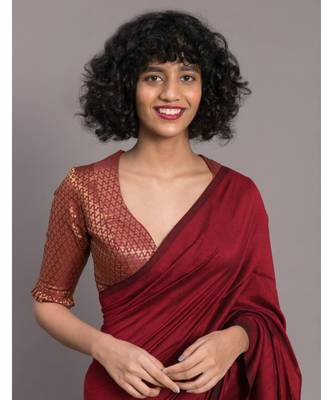 Suta Red & Navy Blue colorblocked Cotton Blend Saree 5