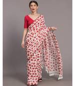 Suta Women White & Red Floral printed Pure Cotton Saree