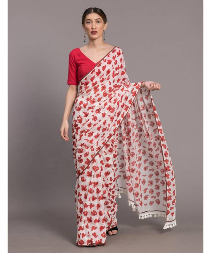 Suta Women White & Red Floral printed Pure Cotton Saree