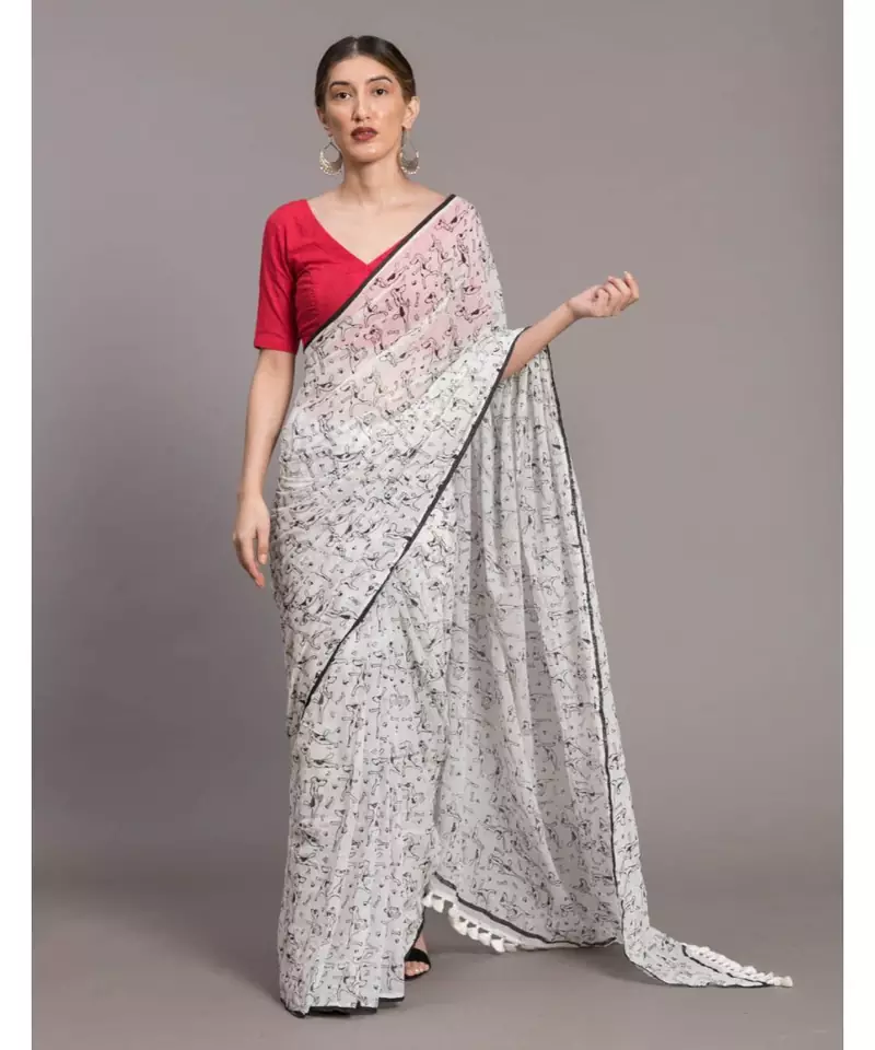 Suta White & Black printed Pure Cotton Saree