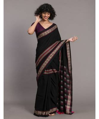 Suta Women Black & stripes Cotton Handloom Saree 1