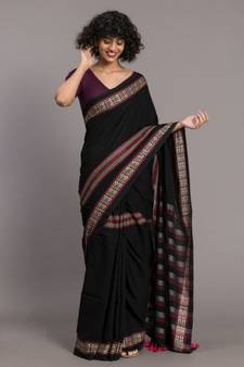 Suta Women Black & stripes Cotton Handloom Saree