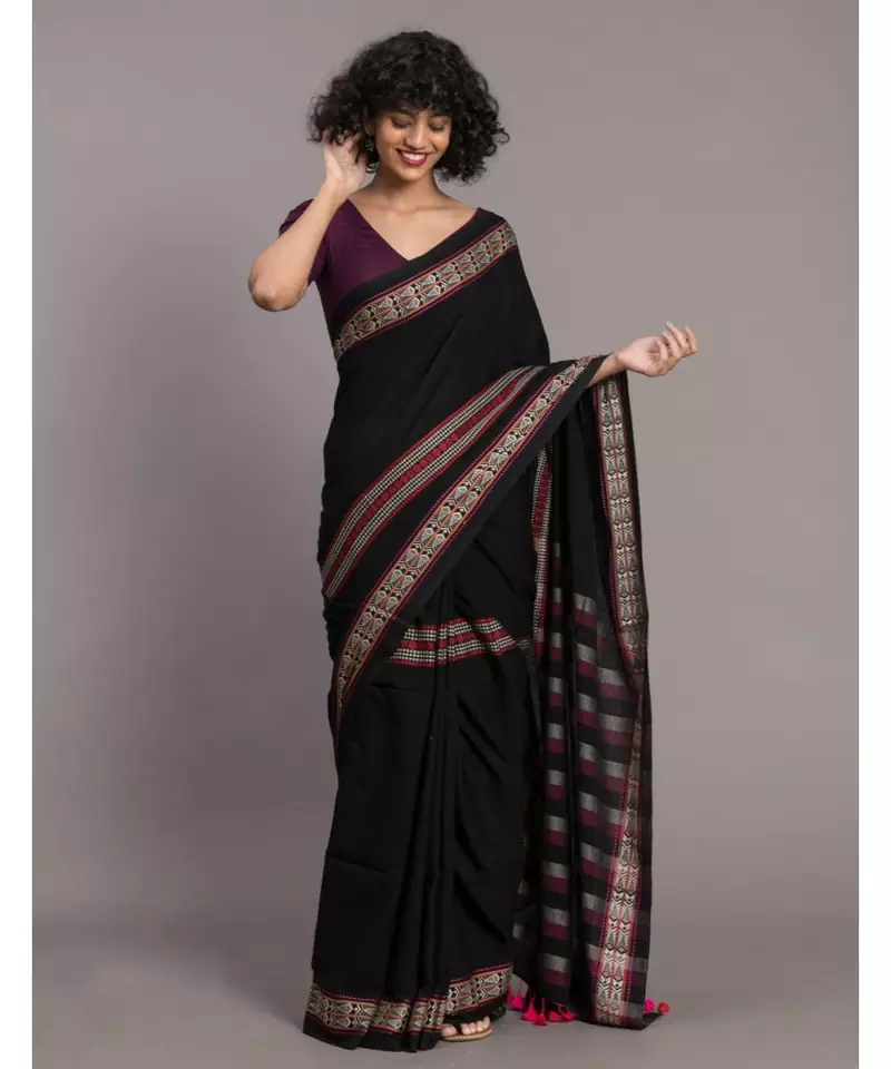 Suta Women Black & stripes Cotton Handloom Saree