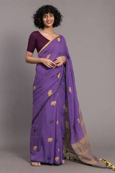 Suta Women Purple  Yellow Ethnic Motifs Pure Cotton Saree