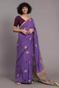 Suta Women Purple  Yellow Ethnic Motifs Pure Cotton Saree