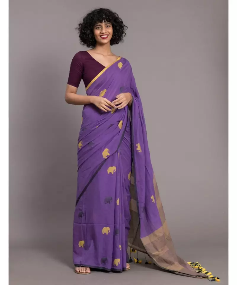Suta Women Purple  Yellow Ethnic Motifs Pure Cotton Saree