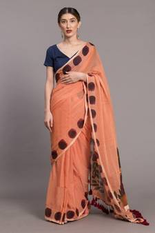 Peach & Brown Ethnic Motifs Pure Cotton Saree