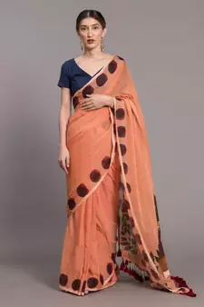 Peach & Brown Ethnic Motifs Pure Cotton Saree