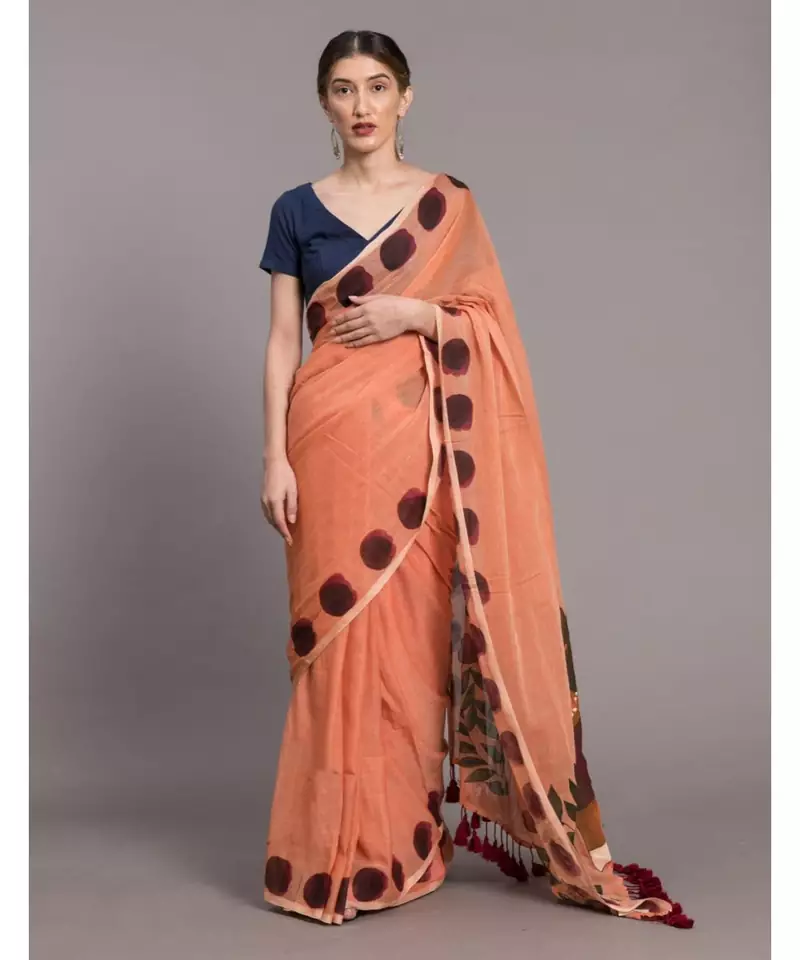 Peach & Brown Ethnic Motifs Pure Cotton Saree