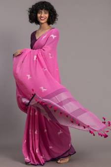 Suta Pink & White Pure Cotton Woven Saree