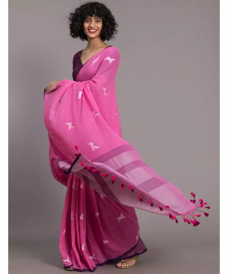 Suta Pink & White Pure Cotton Woven Saree