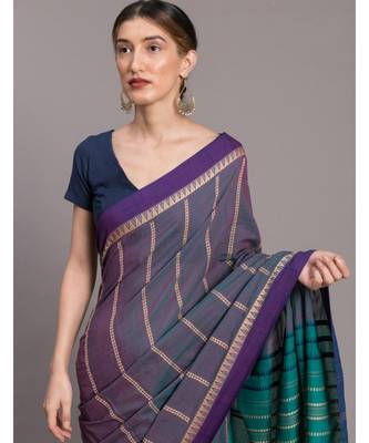 Suta Blue stripes Pure Cotton woven Saree 4