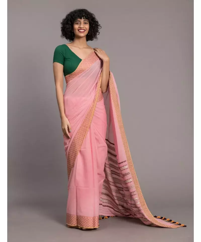 Pink & Orange Pure Cotton Handloom Saree