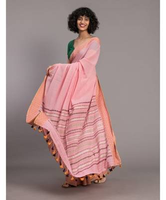 Pink & Orange Pure Cotton Handloom Saree 2
