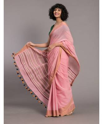 Pink & Orange Pure Cotton Handloom Saree 3