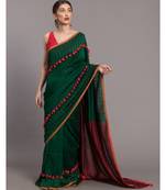 Suta Green & Red Cotton Acrylic Colourblocked Tassled Saree