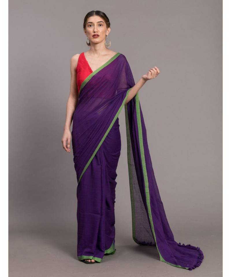 Suta Purple  Green Solid Pure Cotton Saree