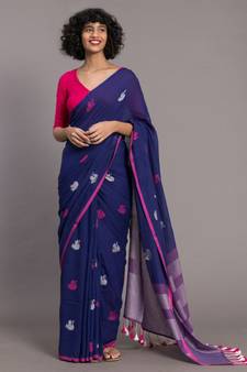 Suta Women Blue pink Ethnic Motifs Handloom Cotton Woven Saree