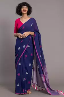 Suta Women Blue pink Ethnic Motifs Handloom Cotton Woven Saree
