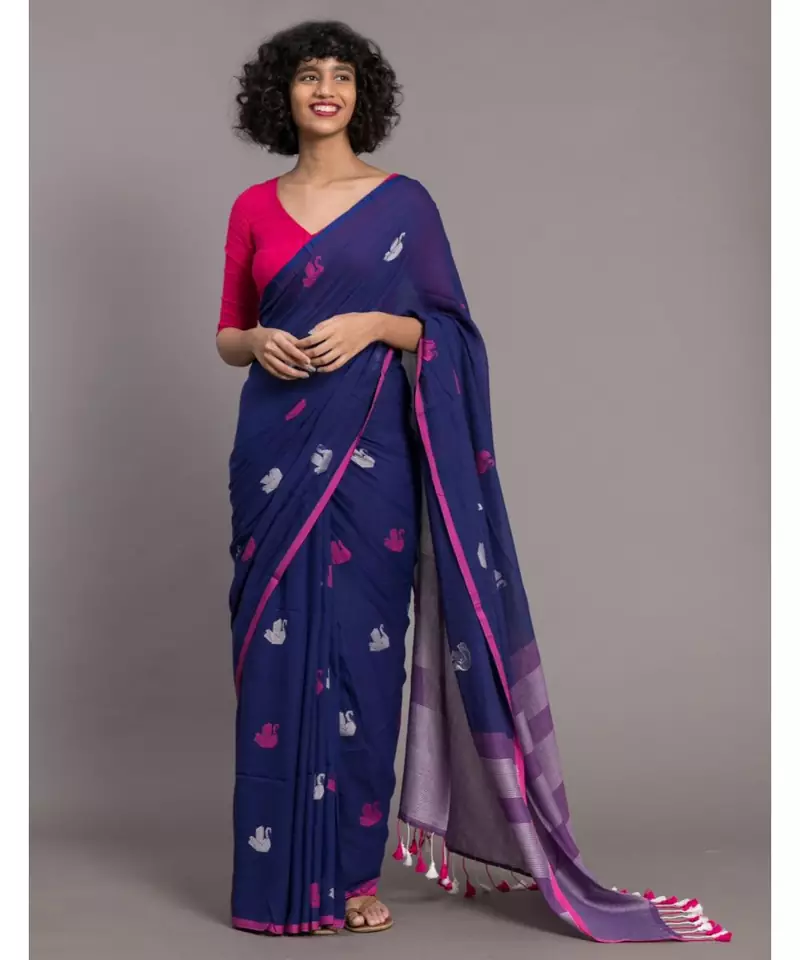 Suta Women Blue pink Ethnic Motifs Handloom Cotton Woven Saree