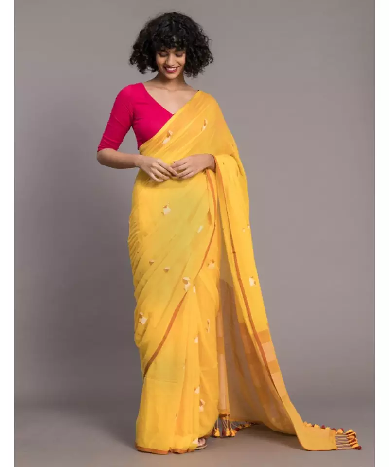 Suta Yellow & White Woven Pure Cotton Handloom Saree