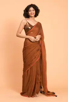 Suta Women Rust Brown Solid Pure Cotton Saree