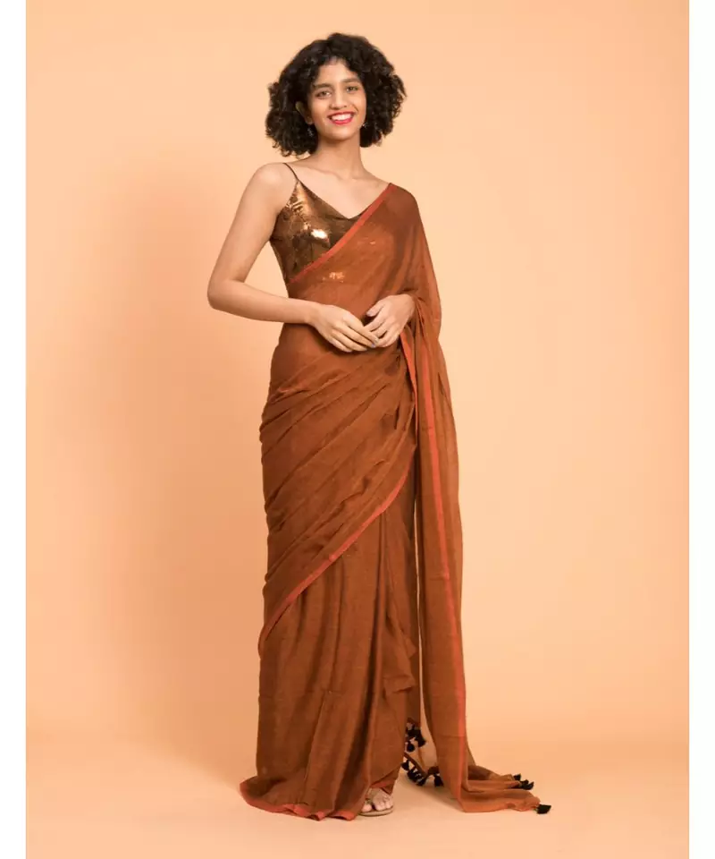 Suta Women Rust Brown Solid Pure Cotton Saree