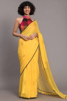 Suta Women Yellow  Black polka printed Pure Cotton Saree