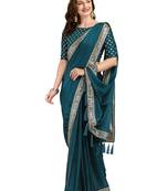 Blue embroidered pure silk saree with blouse