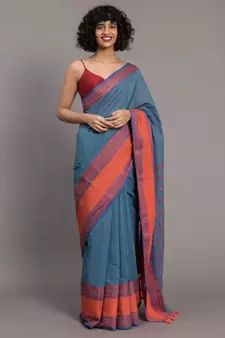 Suta Blue  Coral Floral Motifs woven Pure Cotton Saree