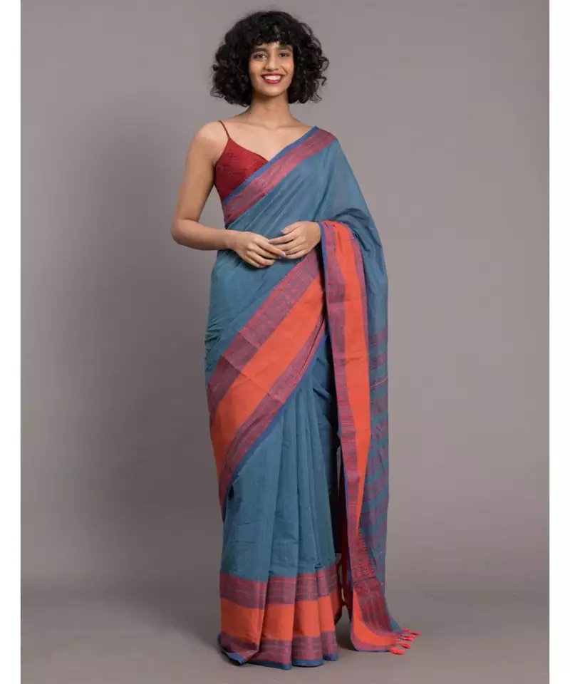 Suta Blue  Coral Floral Motifs woven Pure Cotton Saree