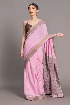 Suta Pink  Purple Floral Motifs woven Pure Cotton handloon Saree