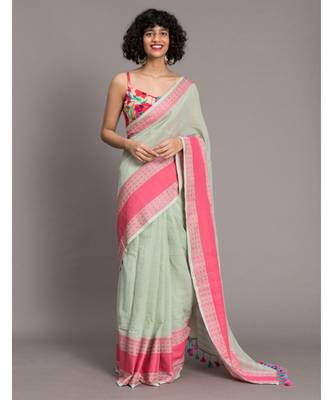 Suta Green & Pink Floral Motifs woven Pure Cotton handloon Saree 1