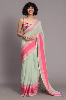 Suta Green & Pink Floral Motifs woven Pure Cotton handloon Saree