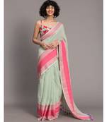 Suta Green & Pink Floral Motifs woven Pure Cotton handloon Saree