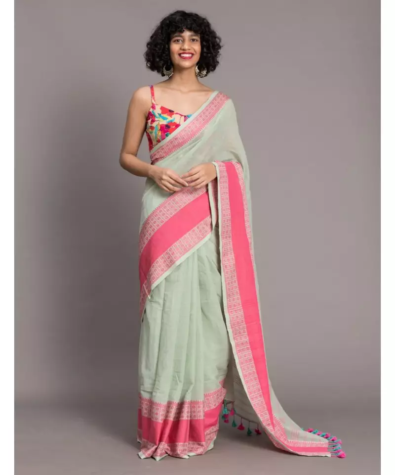 Suta Green & Pink Floral Motifs woven Pure Cotton handloon Saree