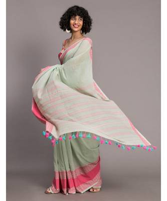 Suta Green & Pink Floral Motifs woven Pure Cotton handloon Saree 2