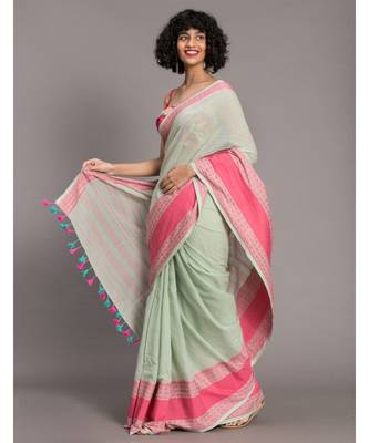 Suta Green & Pink Floral Motifs woven Pure Cotton handloon Saree 3