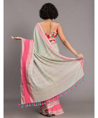 Suta Green & Pink Floral Motifs woven Pure Cotton handloon Saree 4