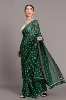 Suta Women Green White Floral printed Pure Cotton Saree