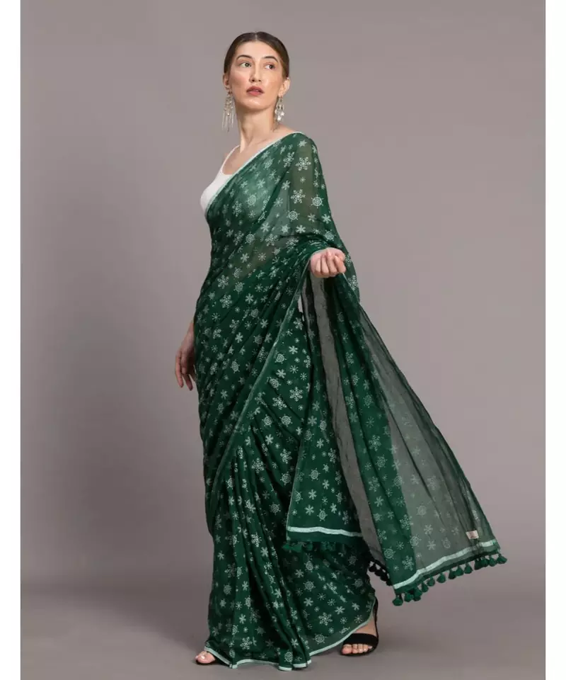 Suta Women Green White Floral printed Pure Cotton Saree