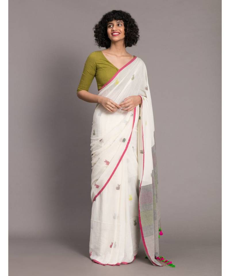 Suta White & multi Woven Design Pure Cotton Handloon Saree