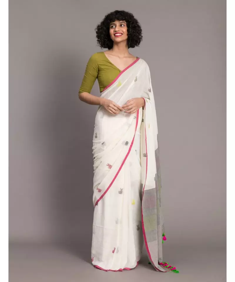 Suta White & multi Woven Design Pure Cotton Handloon Saree