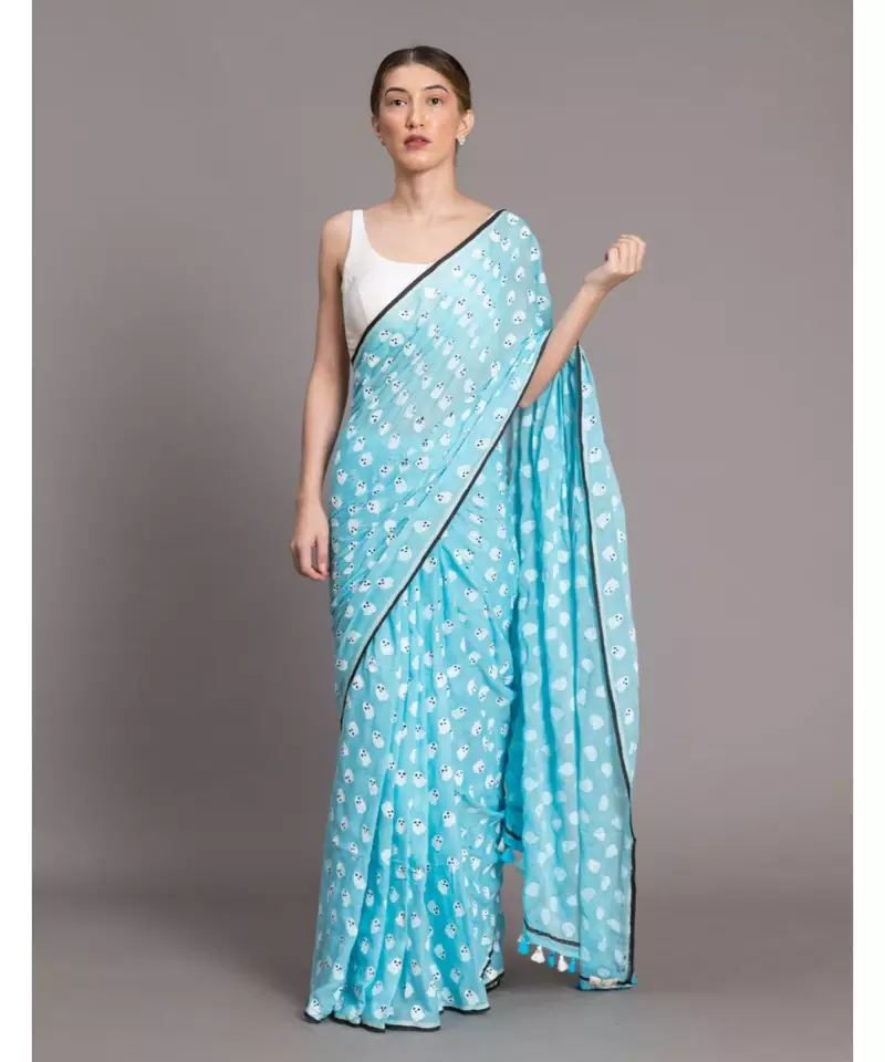 Suta Women Blue White Printed Pure Cotton Saree