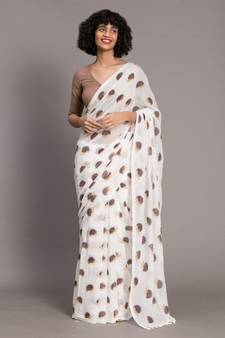 Suta White Brown Porcupine Printed Pure Cotton Saree